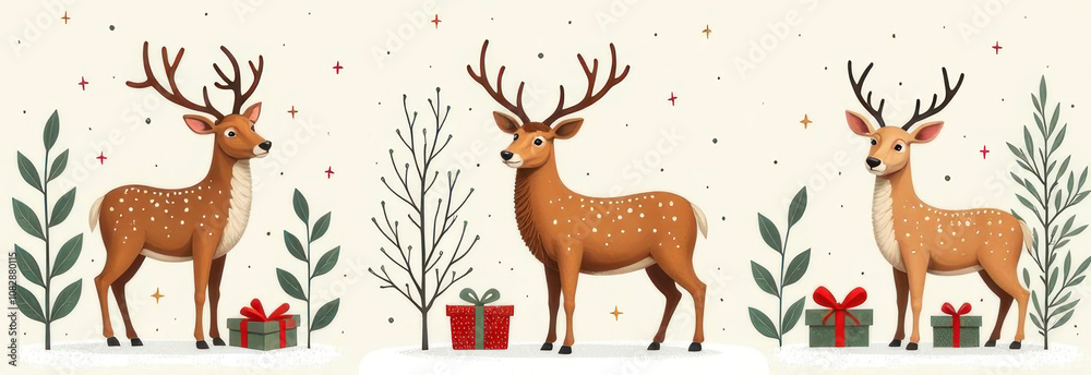 Three reindeer are surrounded by winter foliage and Christmas gifts, celebrating the festive spirit of the holidays Three reindeer are surrounded by winter foliage and Christmas gifts, celebrating the festive spirit of the holidays
