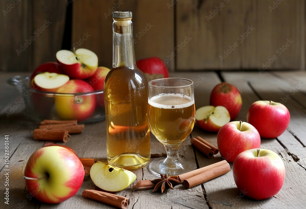 Autumn harvest display of fresh apples, cider, and cinnamon on rustic wooden table