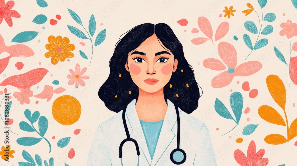 Empowered patient consults with doctor in medical scene vibrant floral background illustrative art style positive health concept Empowered patient consults with doctor in medical scene vibrant floral background illustrative art style positive health concept