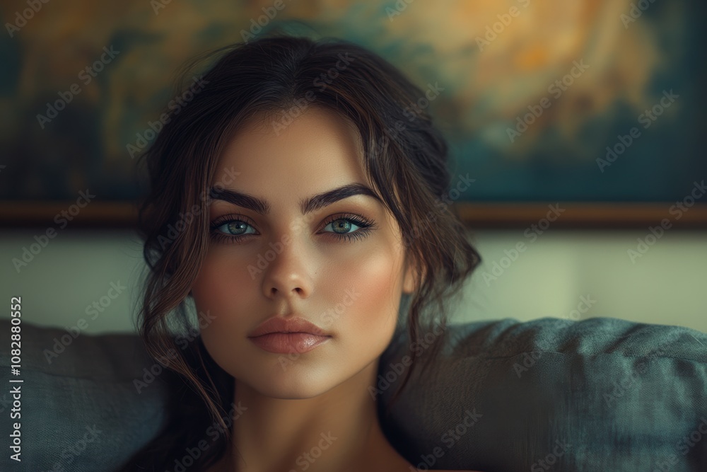 fashionable home decor, chic womans portrait showcased in modern home with space for your text fashionable home decor, chic womans portrait showcased in modern home with space for your text