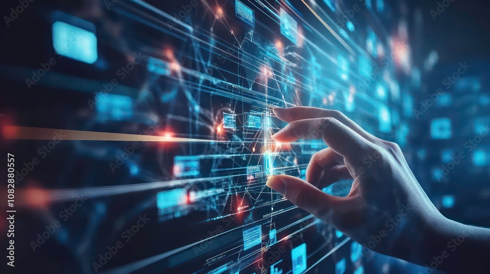 A hand interacts with a futuristic digital interface, highlighting data points and connections. A hand interacts with a futuristic digital interface, highlighting data points and connections.