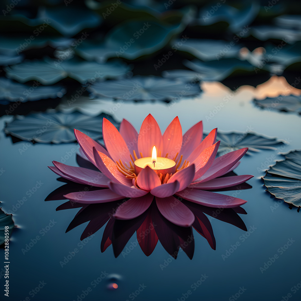 Illuminated lotus a tranquil water scene with a candle embraced by blossoming petals in a reflective pool, photography of nature concept. Illuminated lotus a tranquil water scene with a candle embraced by blossoming petals in a reflective pool, photography of nature concept.