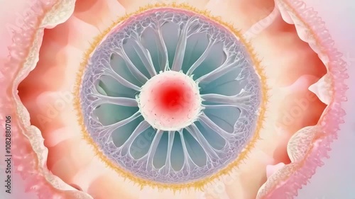 A close up of a flower with a red center. The flower is surrounded by a pink and green circle