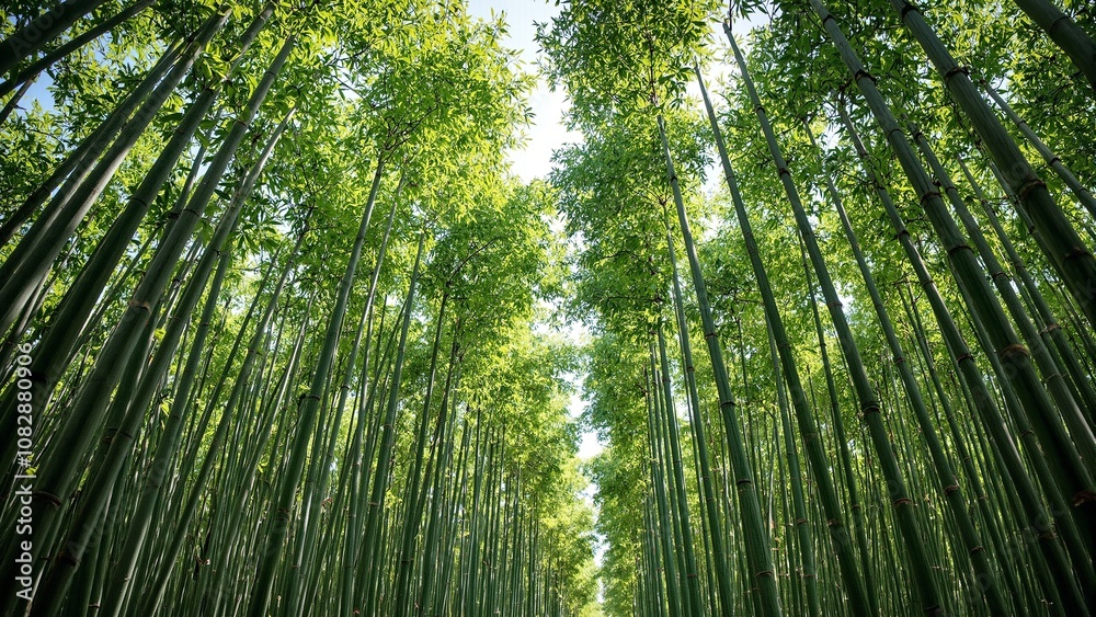 Tranquil bamboo forest with tall stalks orderly lines and soft green light Tranquil bamboo forest with tall stalks orderly lines and soft green light