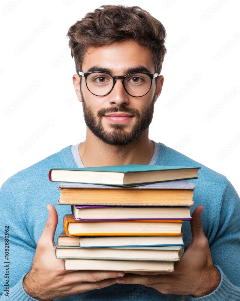 A man wearing glasses is holding a stack of books. png transparent background A man wearing glasses is holding a stack of books. png transparent background