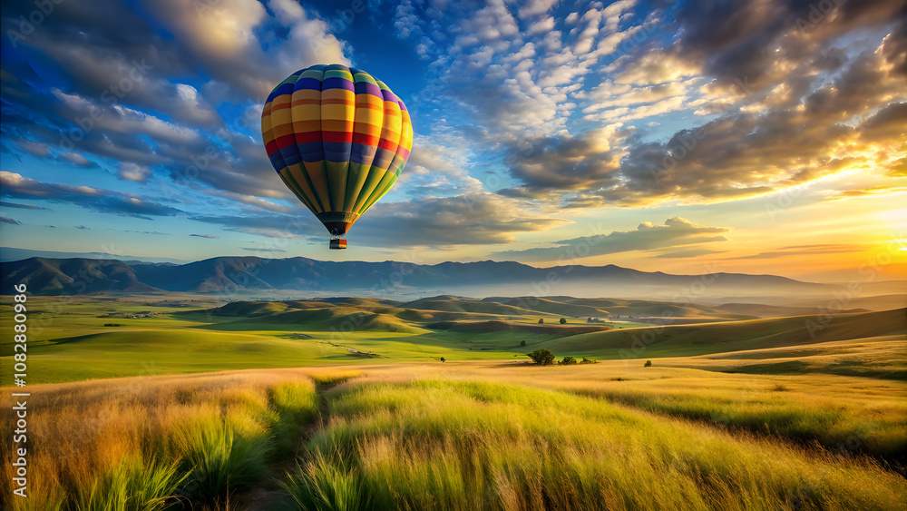 Fototapeta premium Hot Air Balloon Over Vast Grasslands. Perfect for: Adventure Festival, Scenic Rides, Romantic Getaway