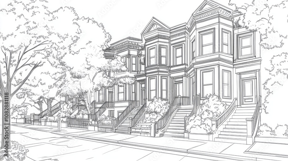 Line art illustration showcasing townhouse architecture in a 3D rendering style Line art illustration showcasing townhouse architecture in a 3D rendering style