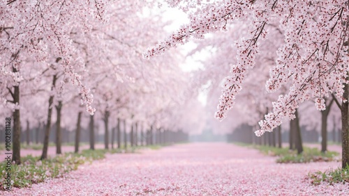 Fototapeta Naklejka Na Ścianę i Meble -  Spring forest with cherry blossoms in full bloom creating a dreamy pink canopy