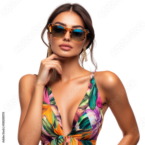 A woman wearing a colorful floral bikini top and sunglasses. png transparent background