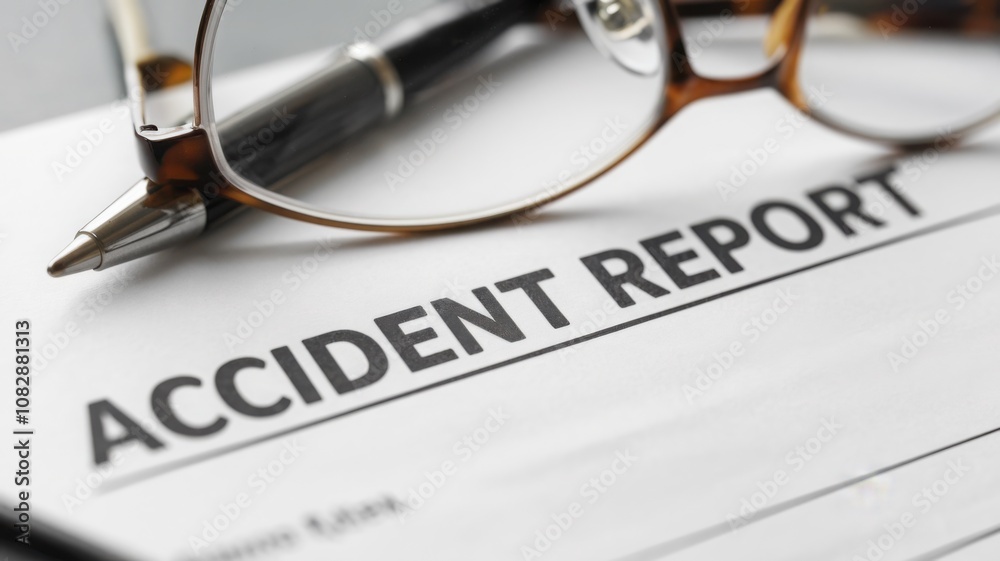 Accident report document with pen and eyeglasses on desk Accident report document with pen and eyeglasses on desk