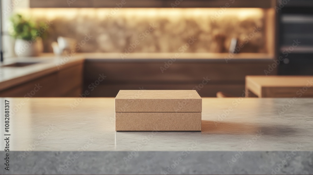 A food box mockup sits on a sleek countertop, illuminated by warm lighting in a modern kitchen