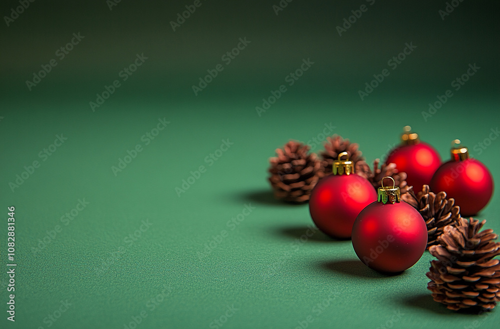 Red Christmas ornaments and pine cones sit on a green background Red Christmas ornaments and pine cones sit on a green background
