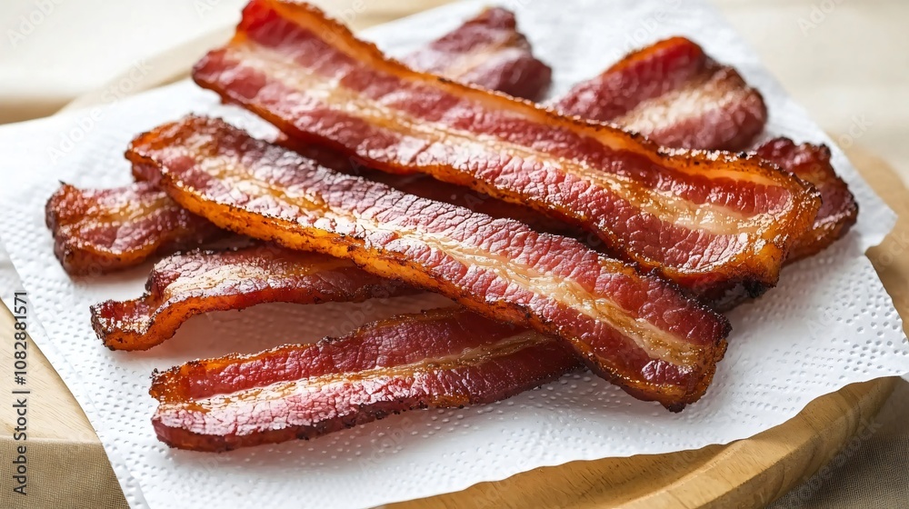 Crispy bacon rashers arranged on a white paper towel on a wooden cutting board, ready to be savored Crispy bacon rashers arranged on a white paper towel on a wooden cutting board, ready to be savored