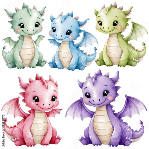 Colorful and cute cartoon dragons posing playfully together in a whimsical style suitable for children's art and decor,transparent png, generative ai