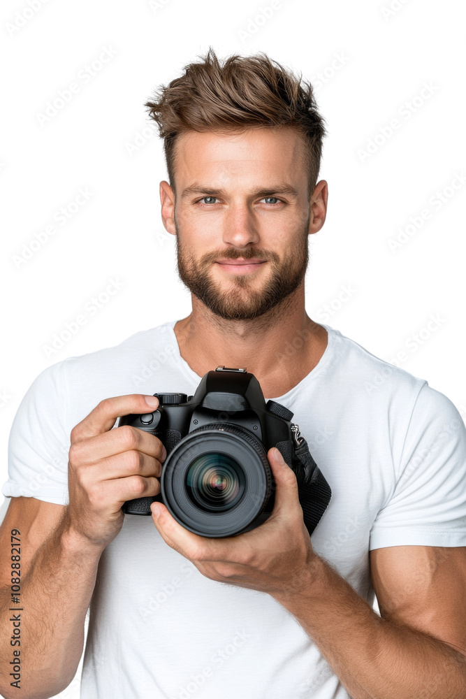 A man is holding a camera and smiling. png transparent background A man is holding a camera and smiling. png transparent background