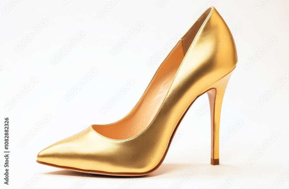 A shiny gold high heel shoe is displayed, highlighting its sleek design and pointed toe A shiny gold high heel shoe is displayed, highlighting its sleek design and pointed toe
