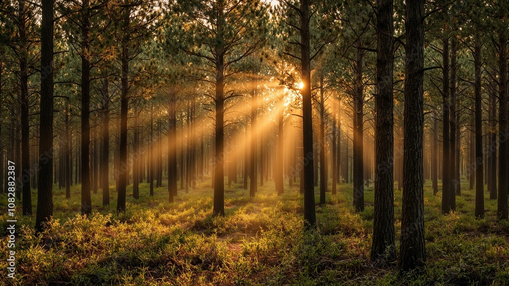 Naklejka premium Sunlight filtering through tall pine trees in a dense forest during golden hour