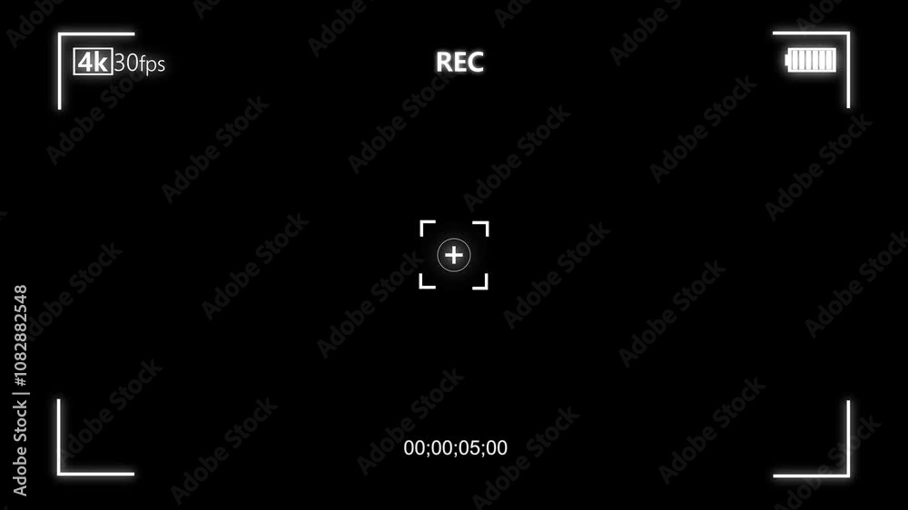 Digital recorder display with multiple settings and timer. Camera recording screen overlay with alpha channel. DSLR camera frame viewfinder, screen of video recorder digital display.