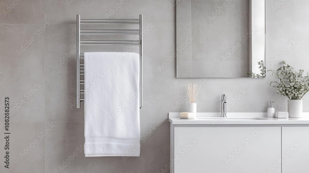 Fototapeta premium Luxurious bathroom with heated towel rack, floating vanity, quartz counters, elegant details
