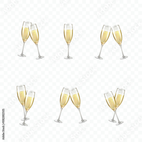 Champagne or white wine glasses set isolated on transparent background. Vector greating Happy New Year alcohol toast wineglass. 3d festive wedding event elements with golden drink