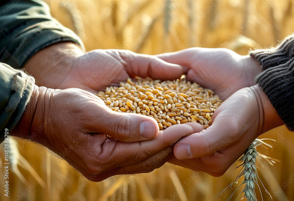 Hands exchanging golden wheat grains in a sunlit field during harvest season Hands exchanging golden wheat grains in a sunlit field during harvest season
