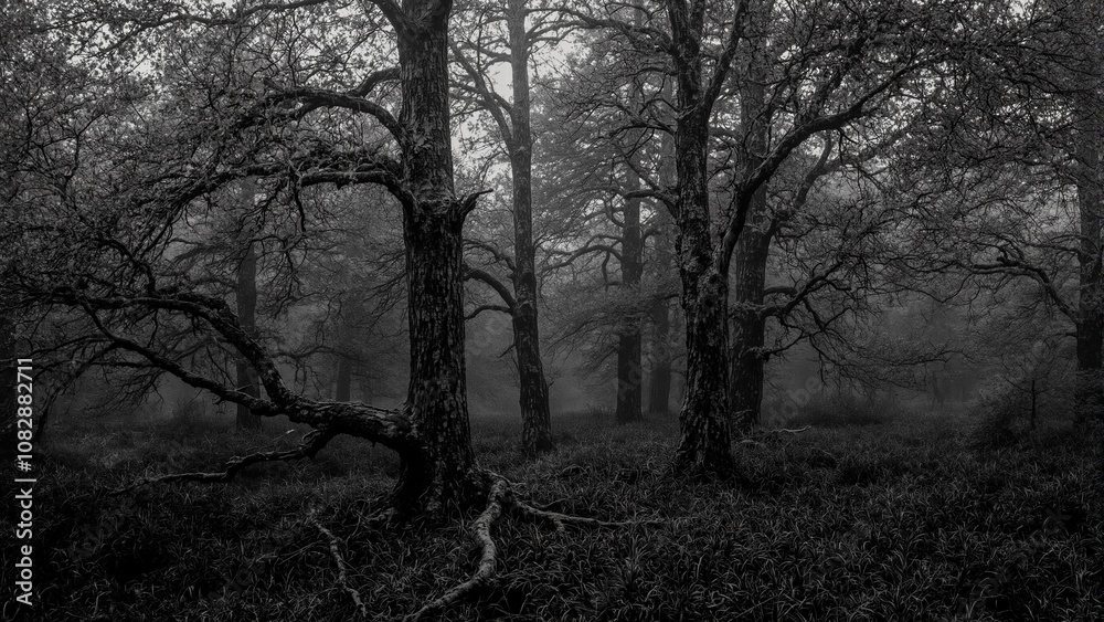 Eerie black and white forest with misty twisted trees Eerie black and white forest with misty twisted trees