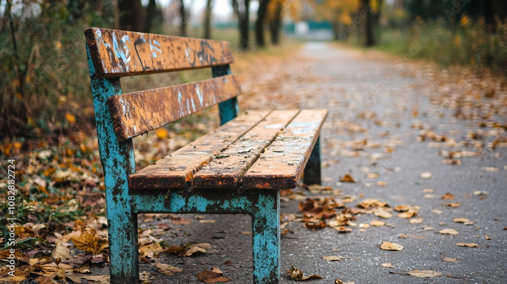 Weathered bench in a park during autumn, adorned with fallen leaves Weathered bench in a park during autumn, adorned with fallen leaves