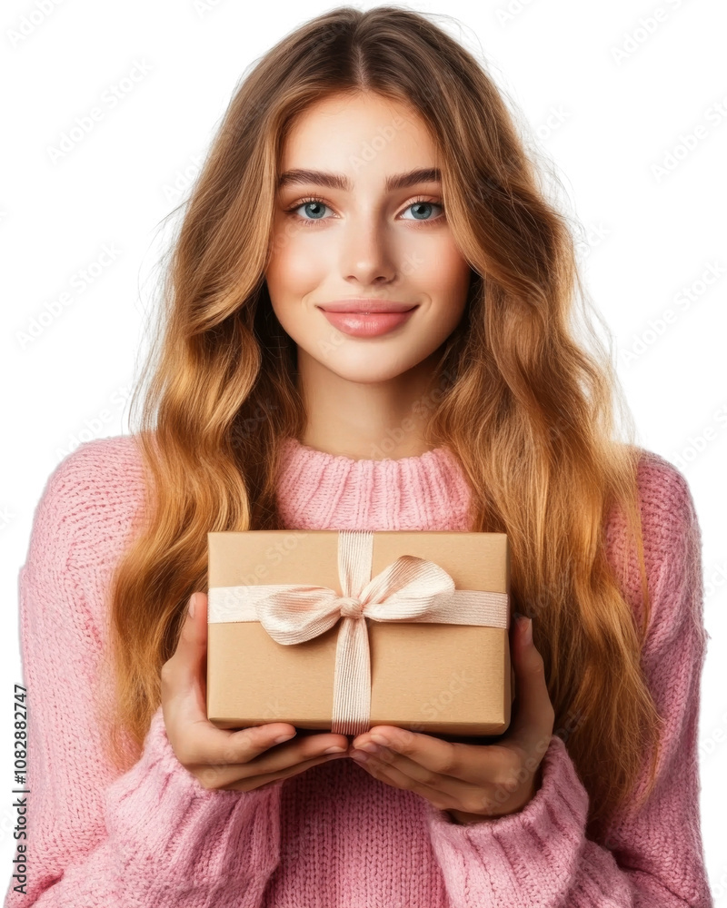 A woman is holding a brown box with a ribbon on it. png transparent background A woman is holding a brown box with a ribbon on it. png transparent background