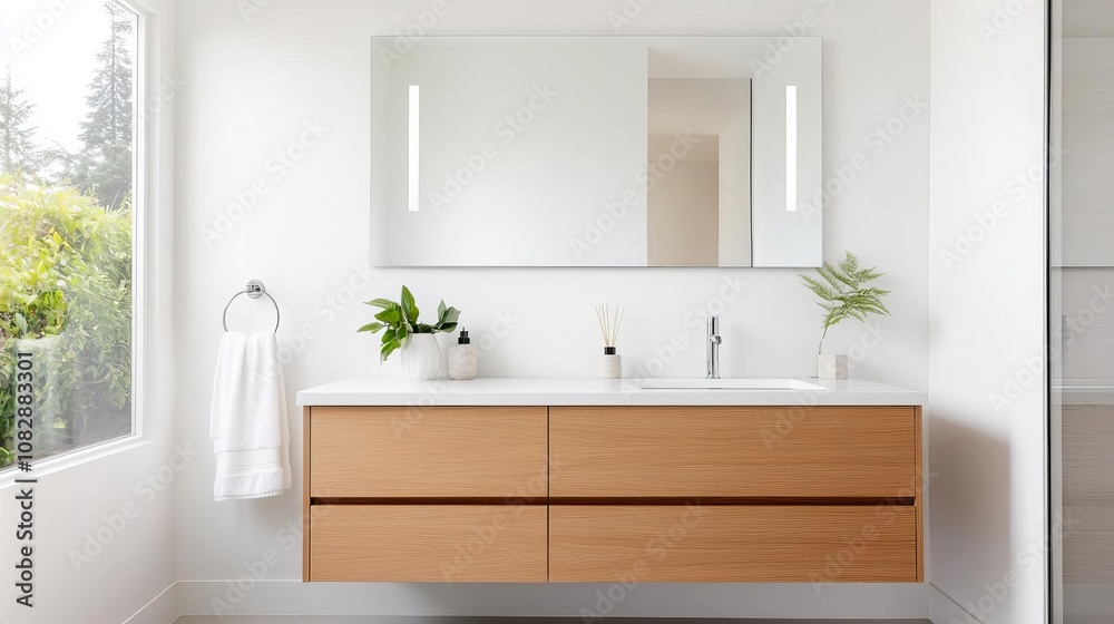 Minimalist bathroom with large mirror, sleek fixtures, floating vanity, contemporary and bright design Minimalist bathroom with large mirror, sleek fixtures, floating vanity, contemporary and bright design