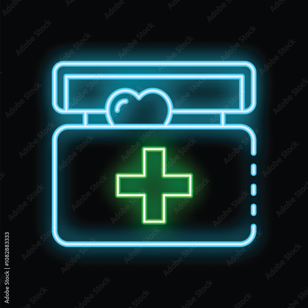 Brightly glowing neon green first aid kit icon with a heart on top Brightly glowing neon green first aid kit icon with a heart on top