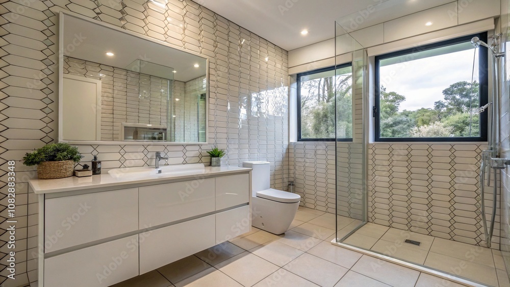 Minimalist bathroom with uniform covering and geometric pattern Minimalist bathroom with uniform covering and geometric pattern