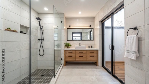 A wet room style bathroom with an open shower and minimalist design