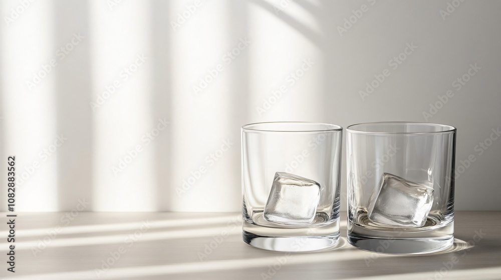 Two empty glasses with ice cubes on a table, basking in the sunlight from a nearby window, creating a refreshing and welcoming ambiance Two empty glasses with ice cubes on a table, basking in the sunlight from a nearby window, creating a refreshing and welcoming ambiance