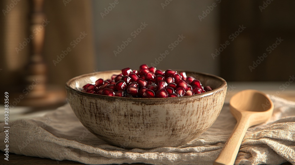 Pomegranate seeds in a rustic ceramic bowl with textured linen cloth and wooden spoon nearby, warm lighting