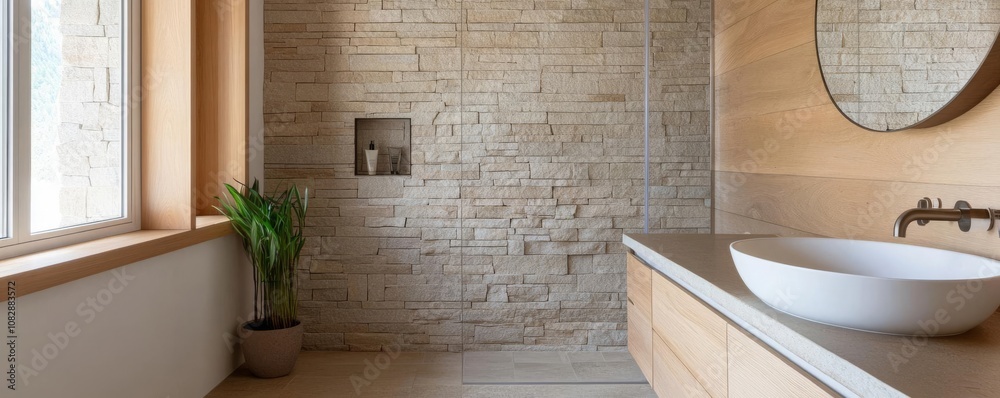 Modern bathroom with stone walls, rainfall shower, earthy tones, luxury meets nature concept Modern bathroom with stone walls, rainfall shower, earthy tones, luxury meets nature concept