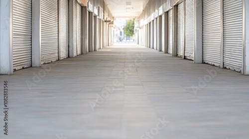 Fototapeta Naklejka Na Ścianę i Meble -  Deserted street with shuttered shops representing economic downturn or pandemic lockdown