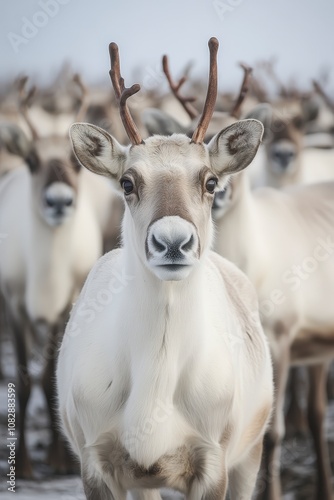 A reindeer with antlers stands in a herd of reindeer.