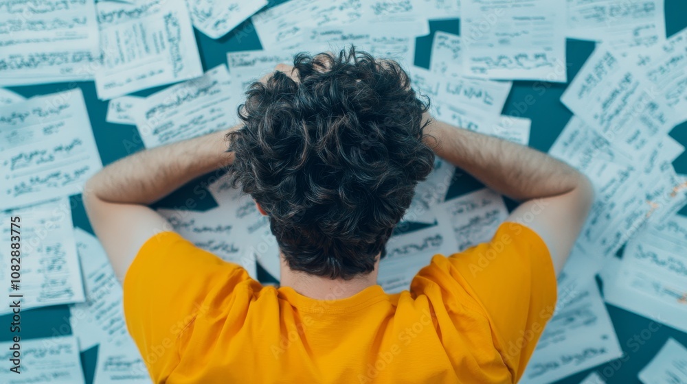 Person overwhelmed by debt documents indoor chaos emotional struggle personal finance aerial view financial anxiety Person overwhelmed by debt documents indoor chaos emotional struggle personal finance aerial view financial anxiety