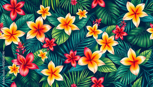 Colorful Seamless Pattern with tropic flowers and leaves. Palm leaf background. Fashion pattern design with white shades, png