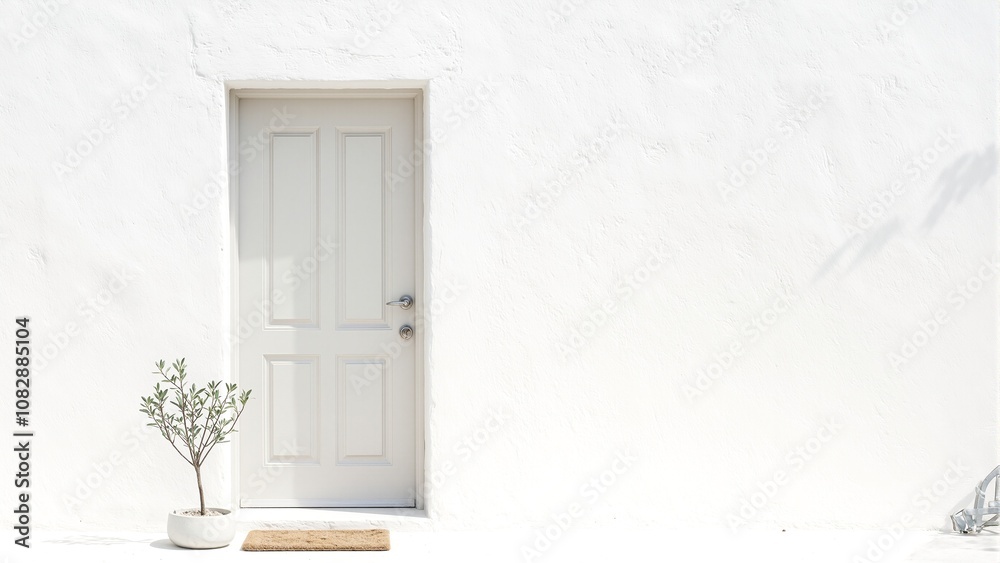 Fototapeta premium Tranquil front door with olive tree on white wall in bright light