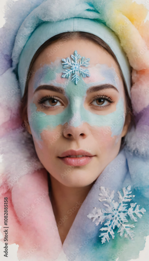 Young woman with colorful face mask and spa accessories in a serene setting Young woman with colorful face mask and spa accessories in a serene setting