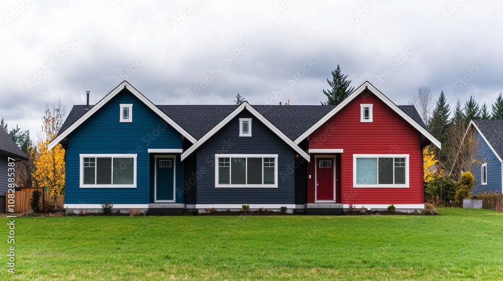 Promoting home safety through public security systems architectural design of a dual-colored residence suburban area real estate photography cloudy skies modern living concept