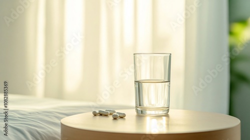 Medication and a glass of water bask in sunlight on the nightstand of a well-lit bedroom, promoting health and well-being photo