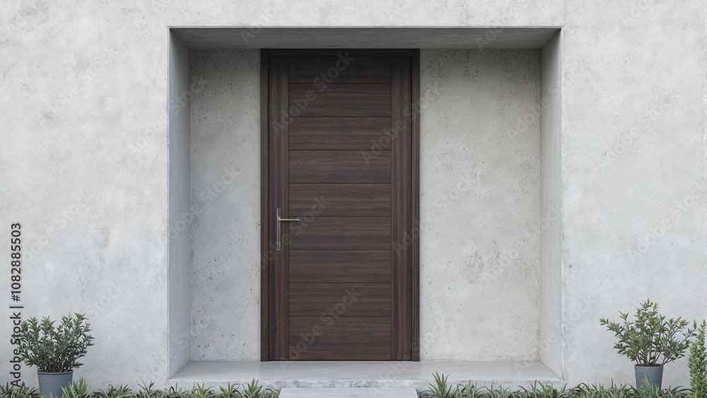 Modern dark wood front door with stainless steel handle against concrete wall and potted plants Modern dark wood front door with stainless steel handle against concrete wall and potted plants