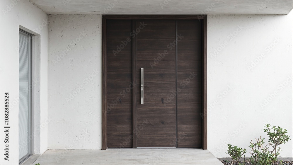 Modern dark wood front door with stainless steel handle against concrete wall and potted plants Modern dark wood front door with stainless steel handle against concrete wall and potted plants