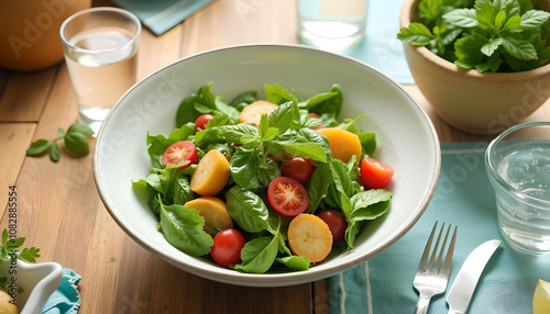 Fresh vegetable salad with cherry tomatoes and greens in a large bowl on a wooden table, AI Generation