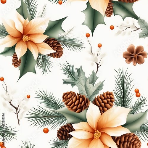 Seamless Botanical Poinsettia and Pinecone Winter Pattern 