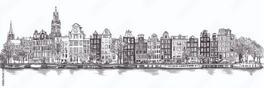 Obraz premium Single line drawing of Amsterdam canal houses, showcasing architecture, cityscape, Netherlands, urban, and travel.