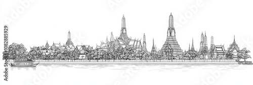 Elegant line art depicting Bangkok's iconic temples, river, and boats. Symbolizing travel, culture, architecture, history, and Thailand.