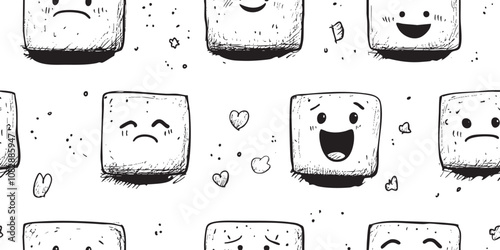 Playful and expressive seamless pattern with diverse hand-drawn square emoticons showcasing a range of happy to sad expressions